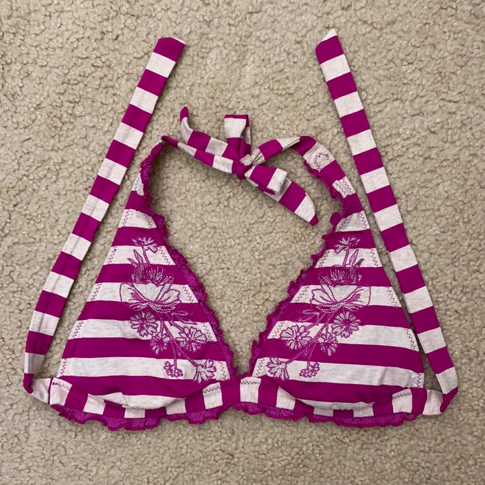 BECCA Pink/Fuchsia Striped Halter Swim Bikini Top